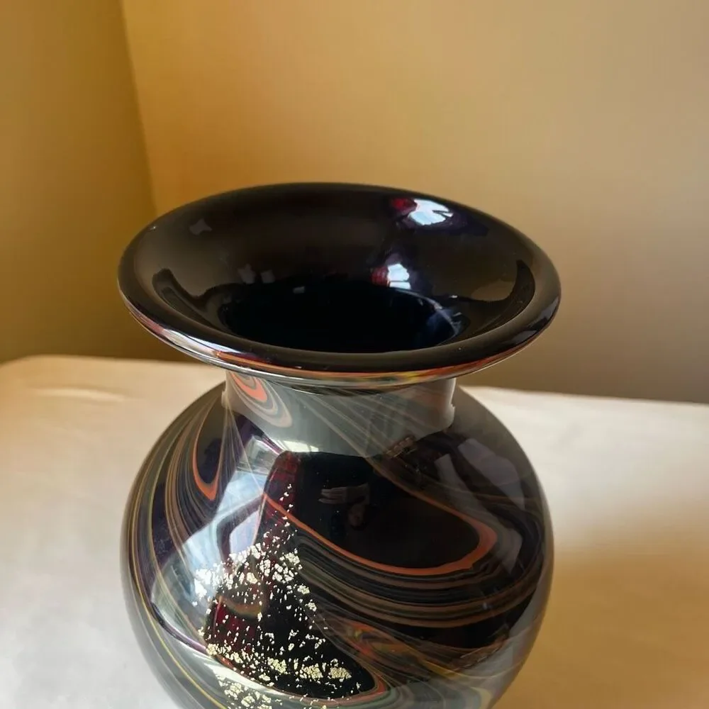 Murano Style Art Glass Vase Hand Blown Black with Gold Foil Mid Century Modern - Picture 3 of 12
